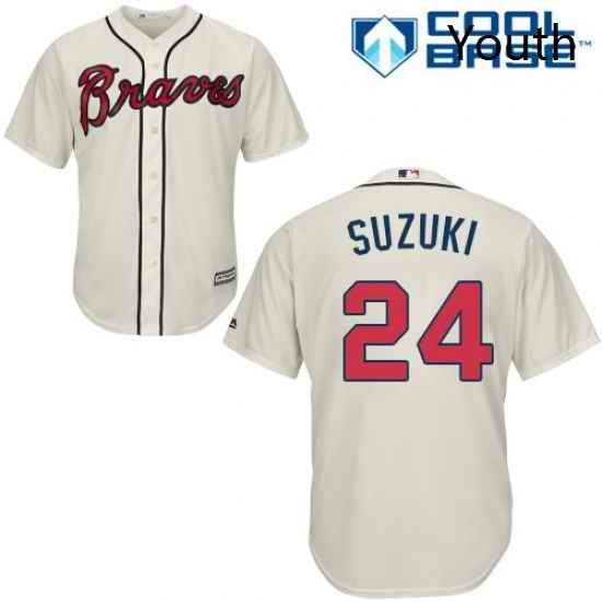 Youth Majestic Atlanta Braves 24 Kurt Suzuki Replica Cream Alternate 2 Cool Base MLB Jersey